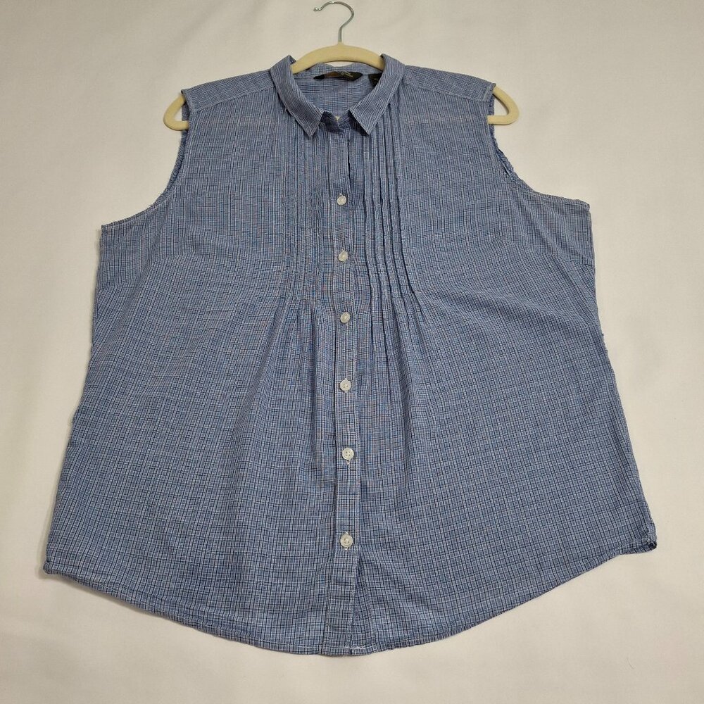 Eddie Bauer Pintuck Cotton Batiste Sz L Collared Sleeveless Shirt Raw Sleeve Arm